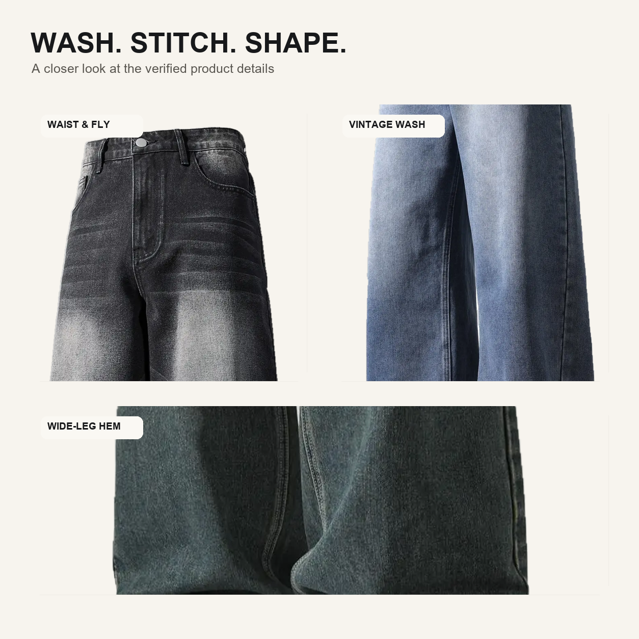 Vintage wash denim construction details