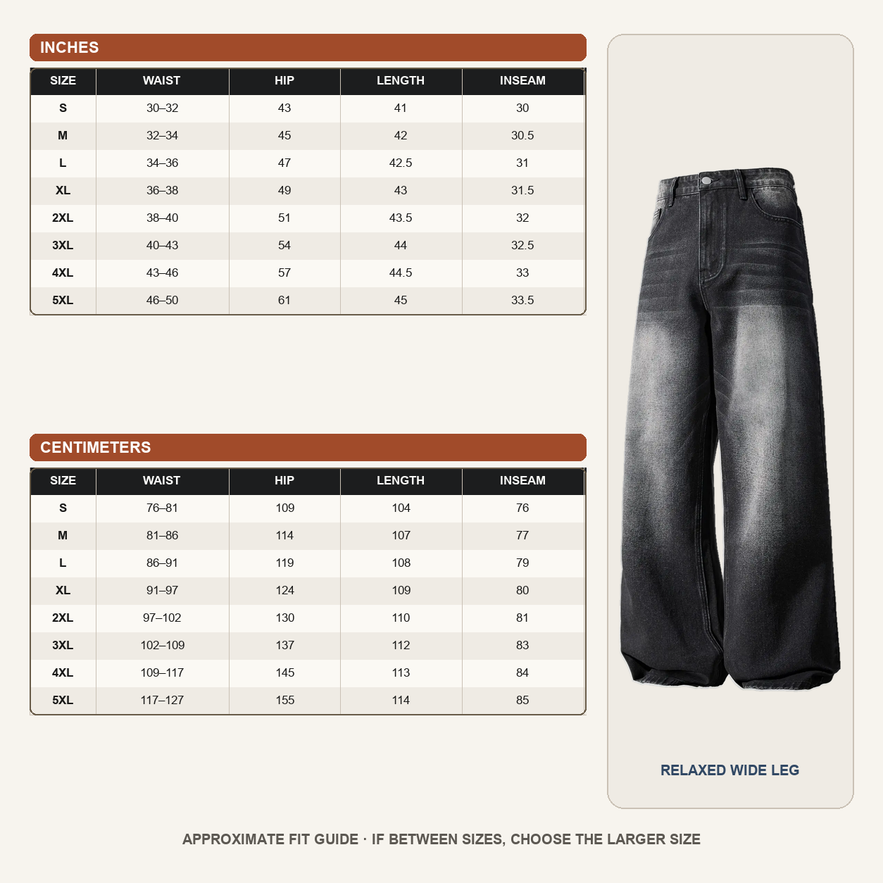 Wide-leg jeans size guide from S to 5XL in inches and centimeters