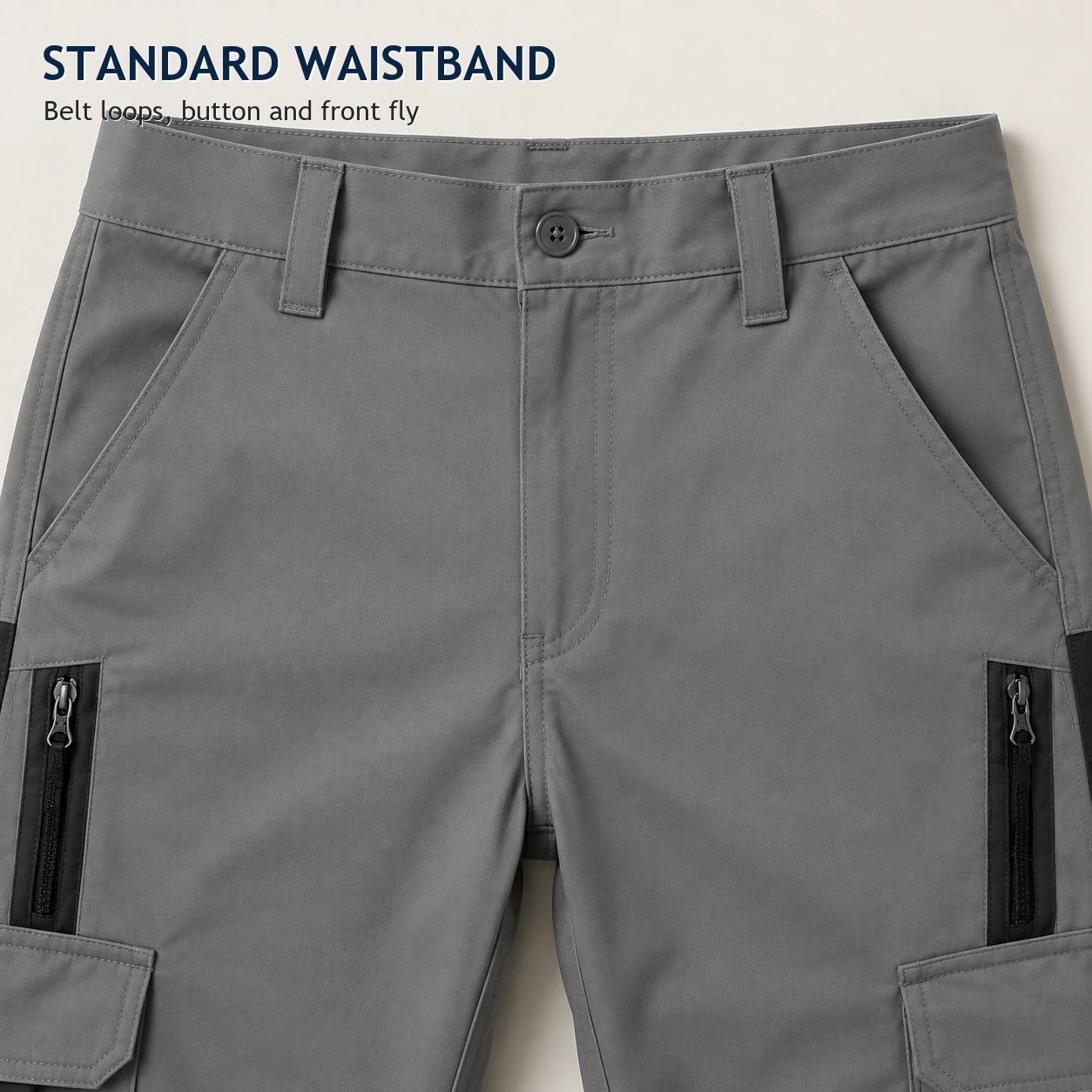 Waistband belt loops button and front fly detail
