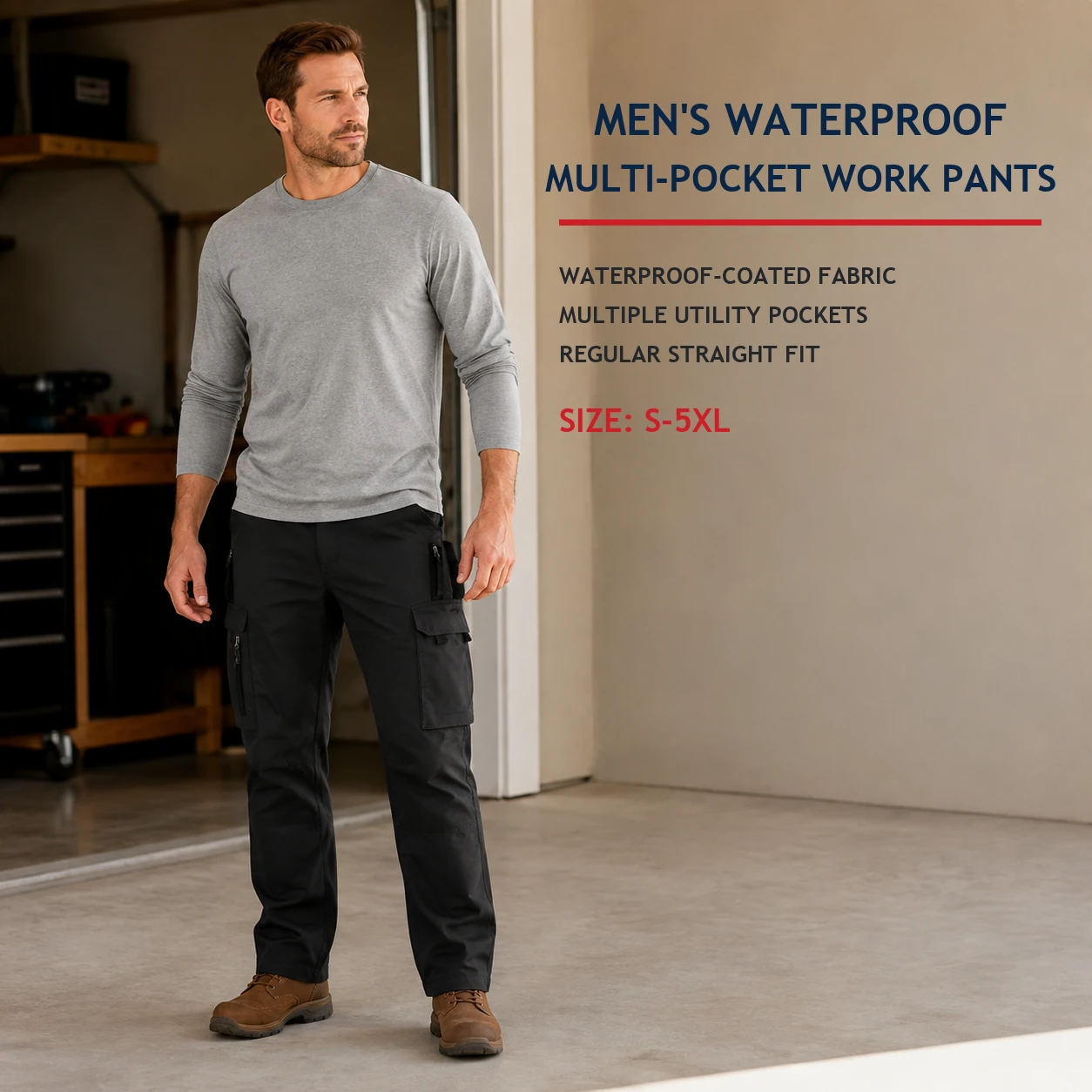 Man wearing Black regular-fit waterproof multi-pocket work pants