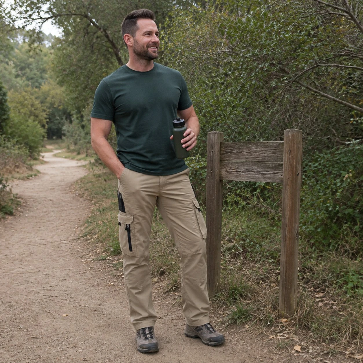 Khaki cargo pants on a community trail