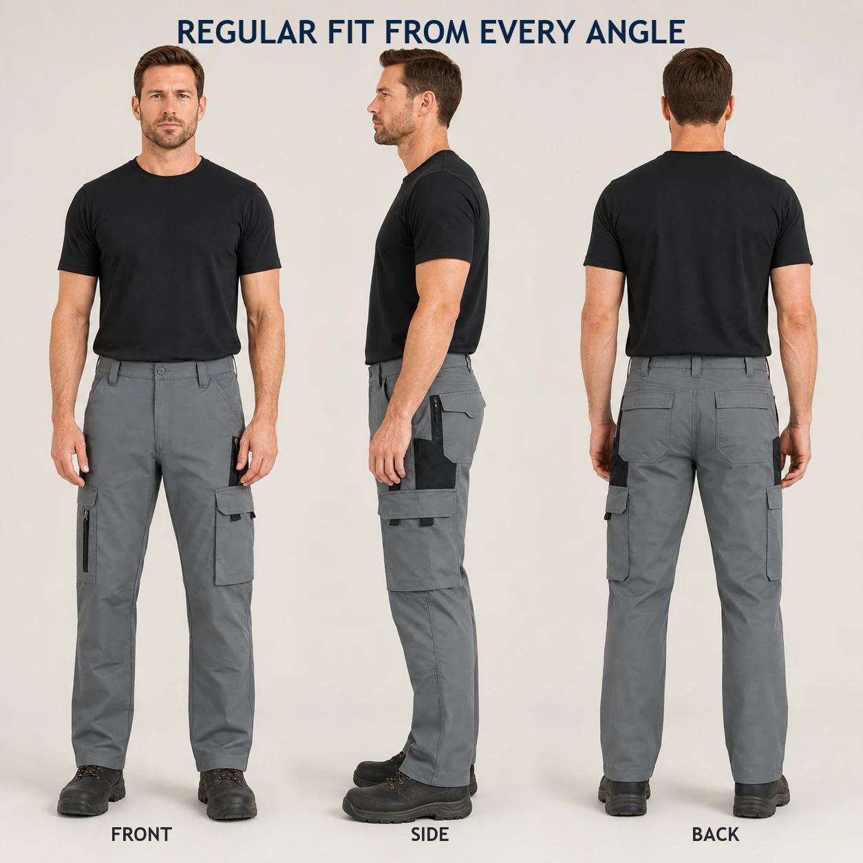 Front side and back views of Grey regular-fit cargo work pants