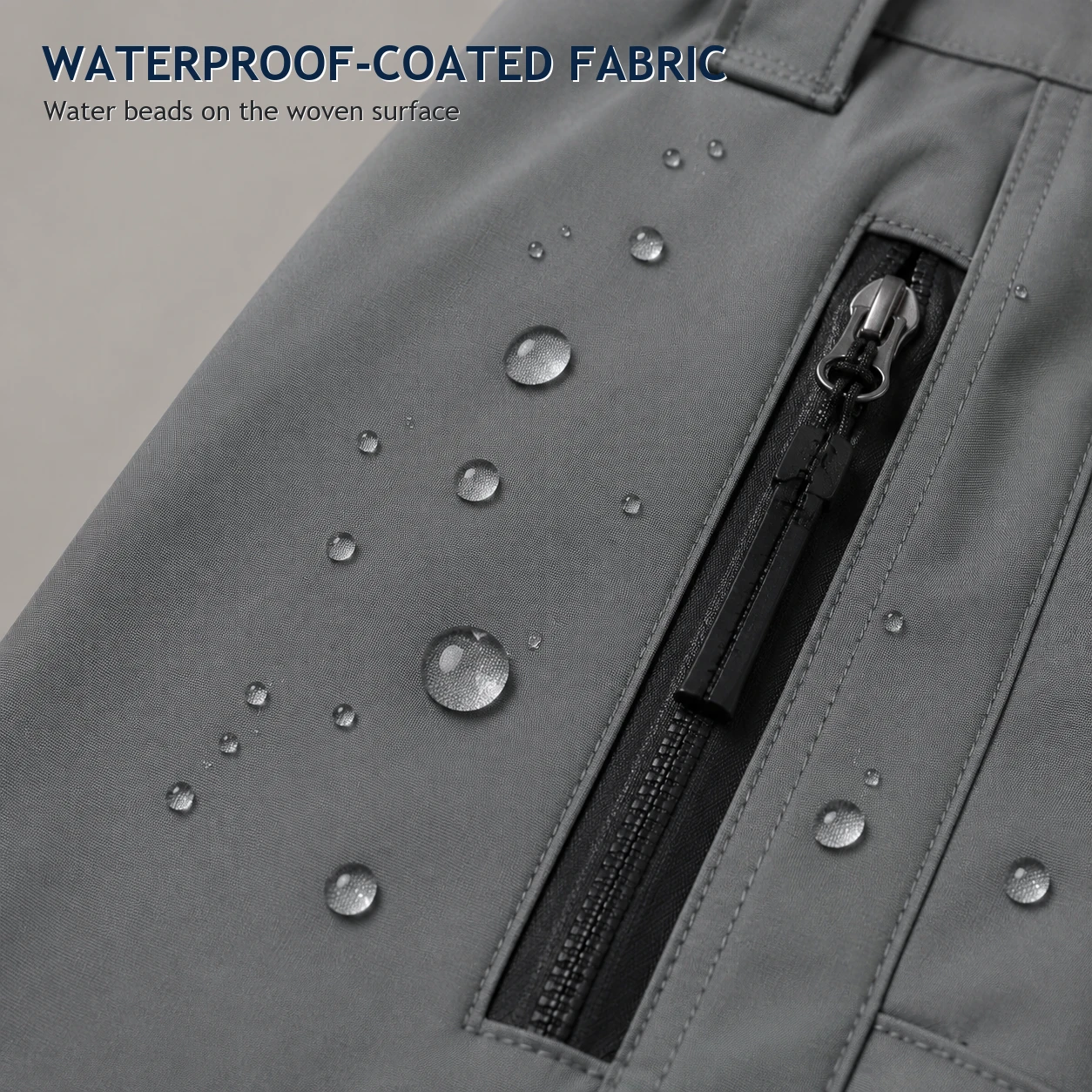 Waterproof-coated Grey fabric and zipper detail