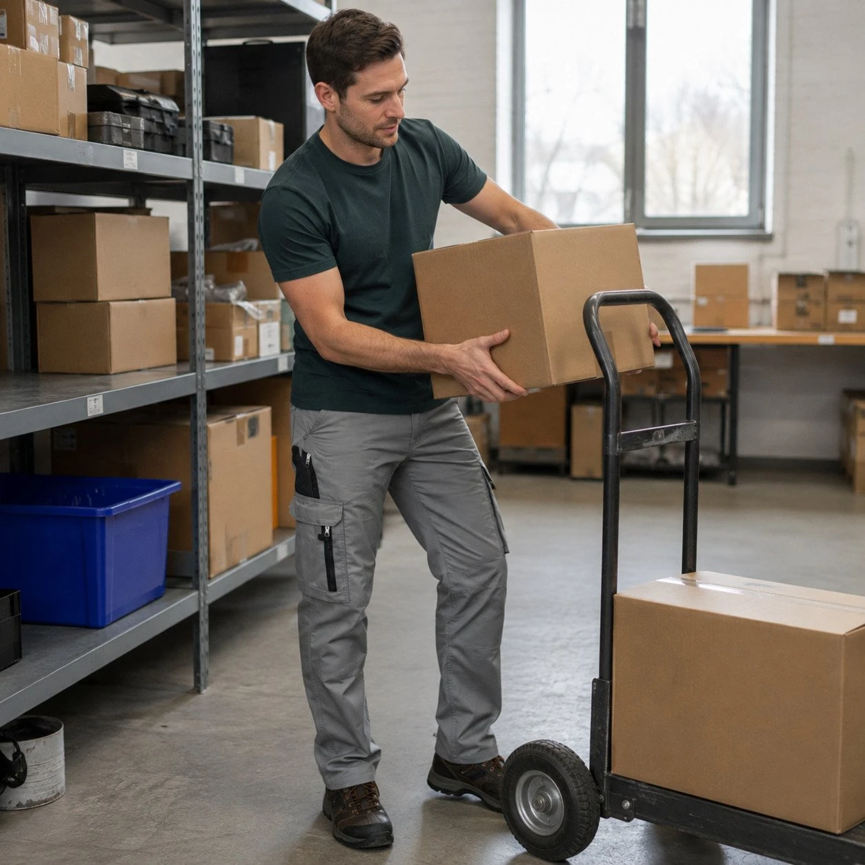 Grey cargo pants during small-warehouse handling