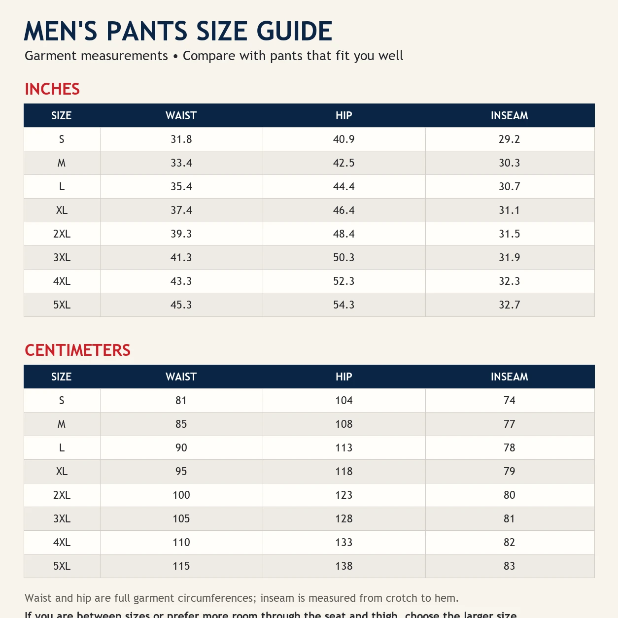 Men's regular-fit work pants size guide S to 5XL