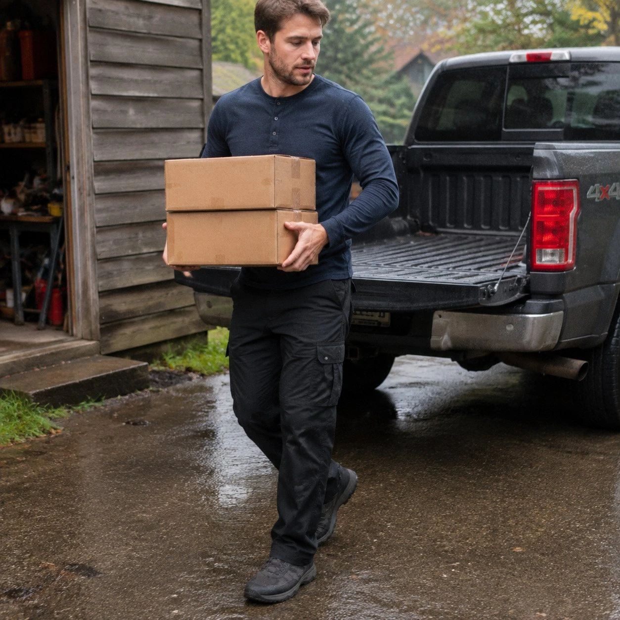 Black work pants during rainy outdoor loading