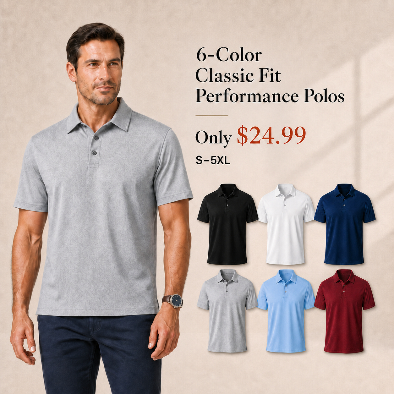 Men's Classic Fit Performance Polo Shirts - 6 & 8 Pack