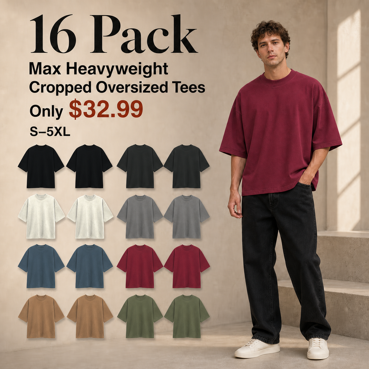 Men's 7.5 oz Max Heavyweight Cropped Oversized T-Shirts - 8 & 16 Pack