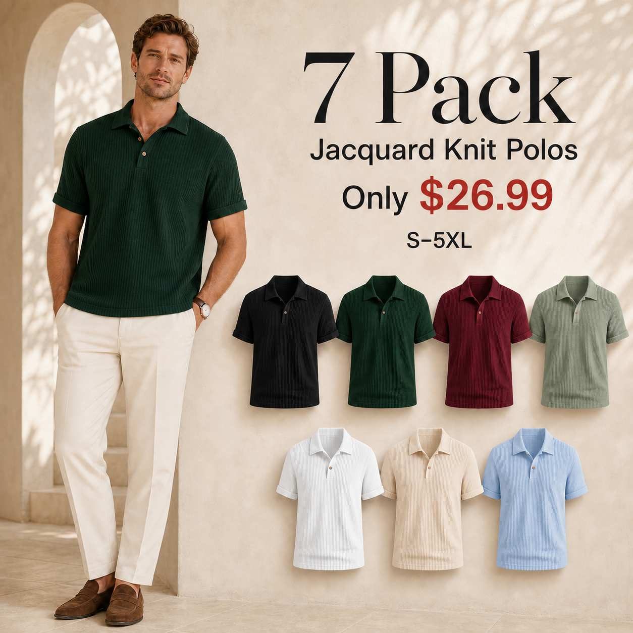 Men's Jacquard Knit Polo Shirts - 7 & 10 Pack