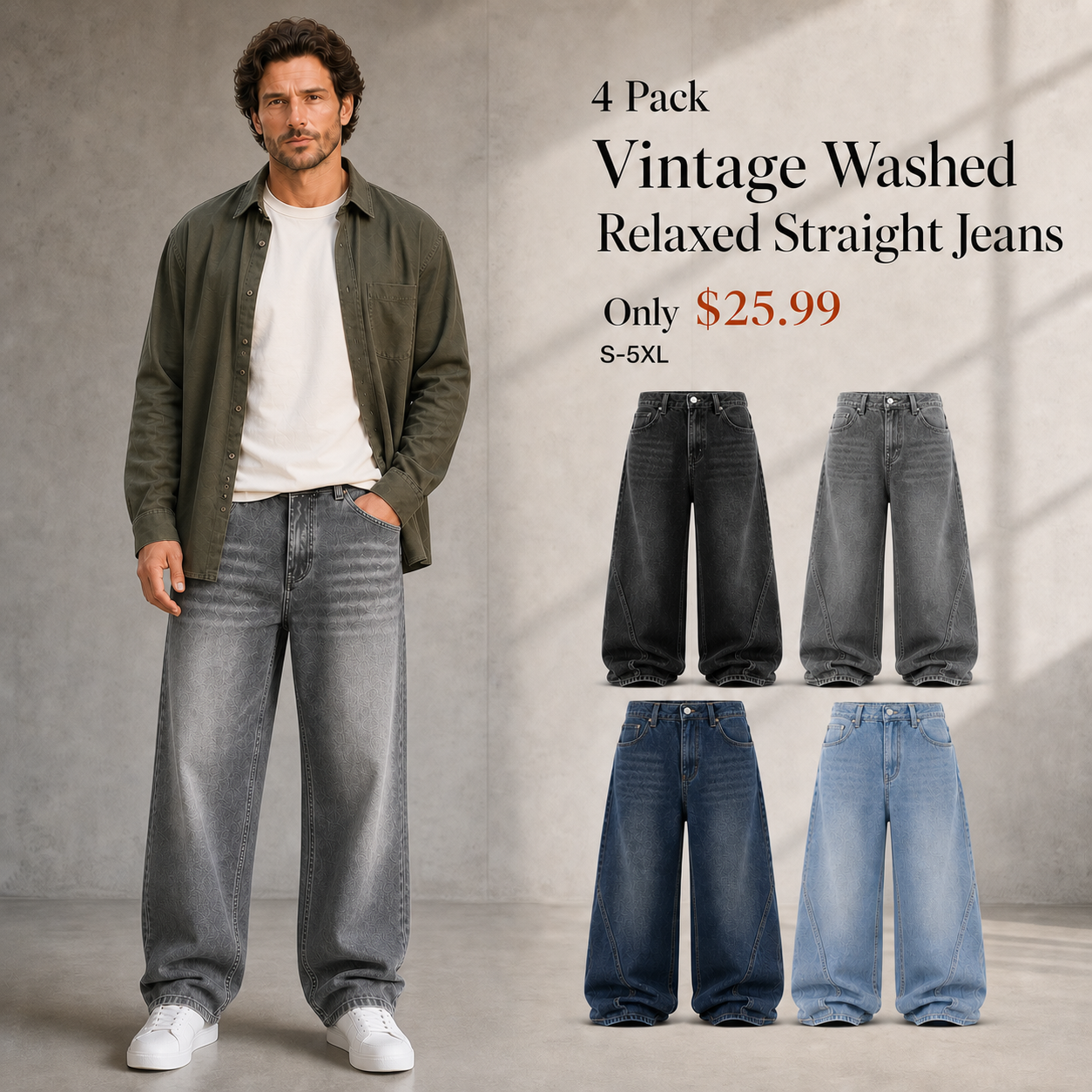 Men's Vintage Washed Relaxed Straight Jeans - 4 & 6 Pack