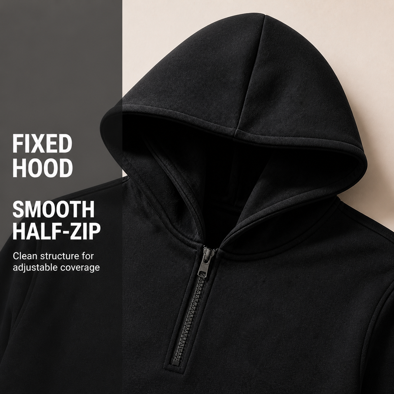 Fixed hood and half-zip construction detail