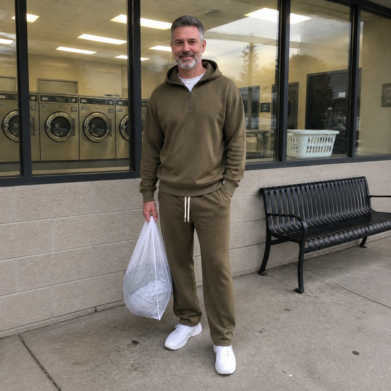 Olive Brown sweatsuit in an ordinary neighborhood laundromat phone photo