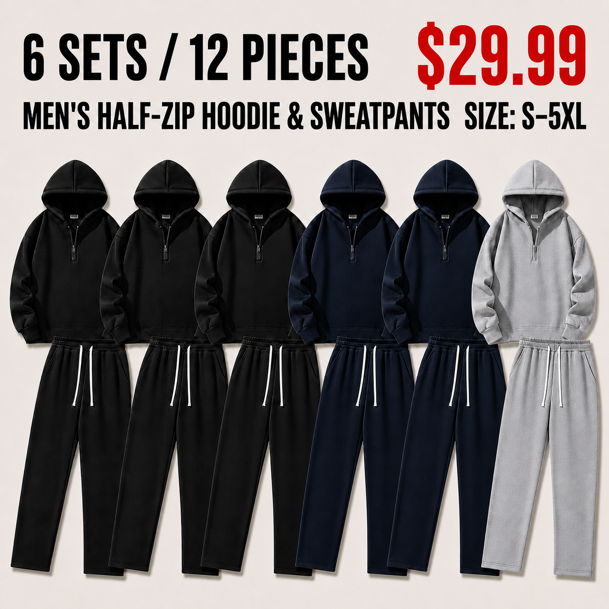 Six dark-core sweatsuit sets in Black, Navy, and Heather Grey