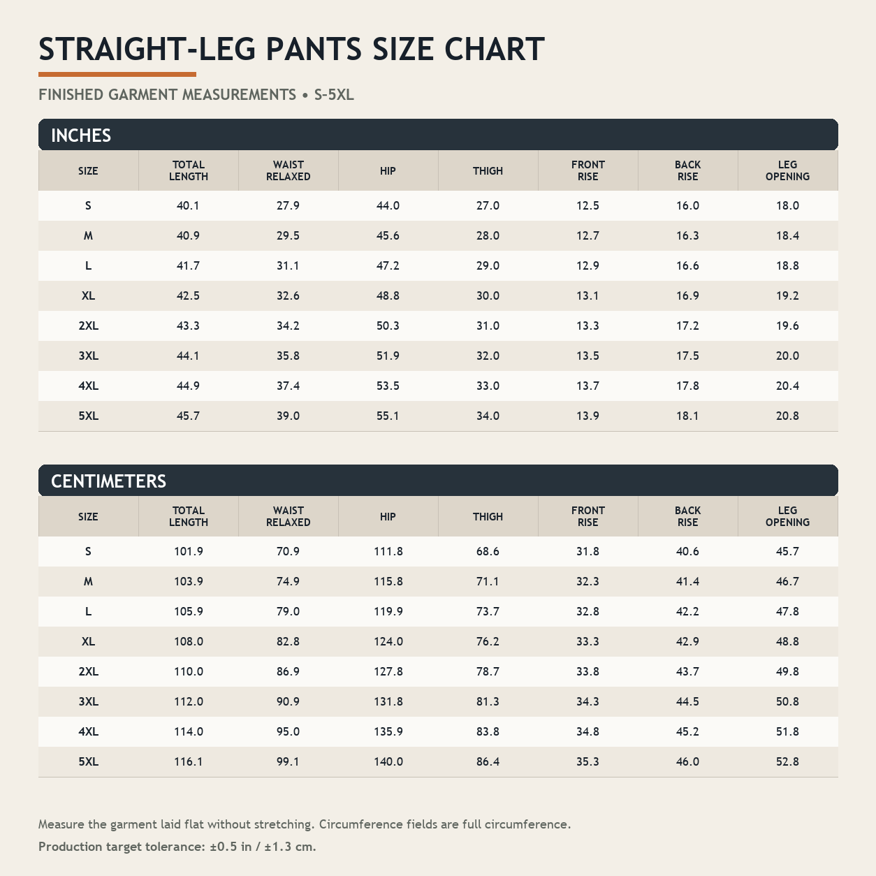 Straight-leg pants finished garment size chart S to 5XL
