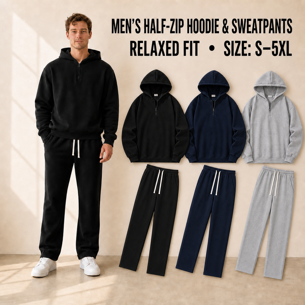Men's relaxed half-zip hoodie and straight-leg sweatpants outfits