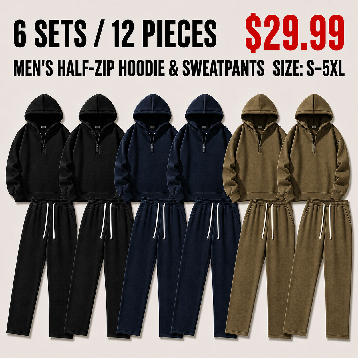 Six sweatsuit sets in Black, Navy, and Olive Brown