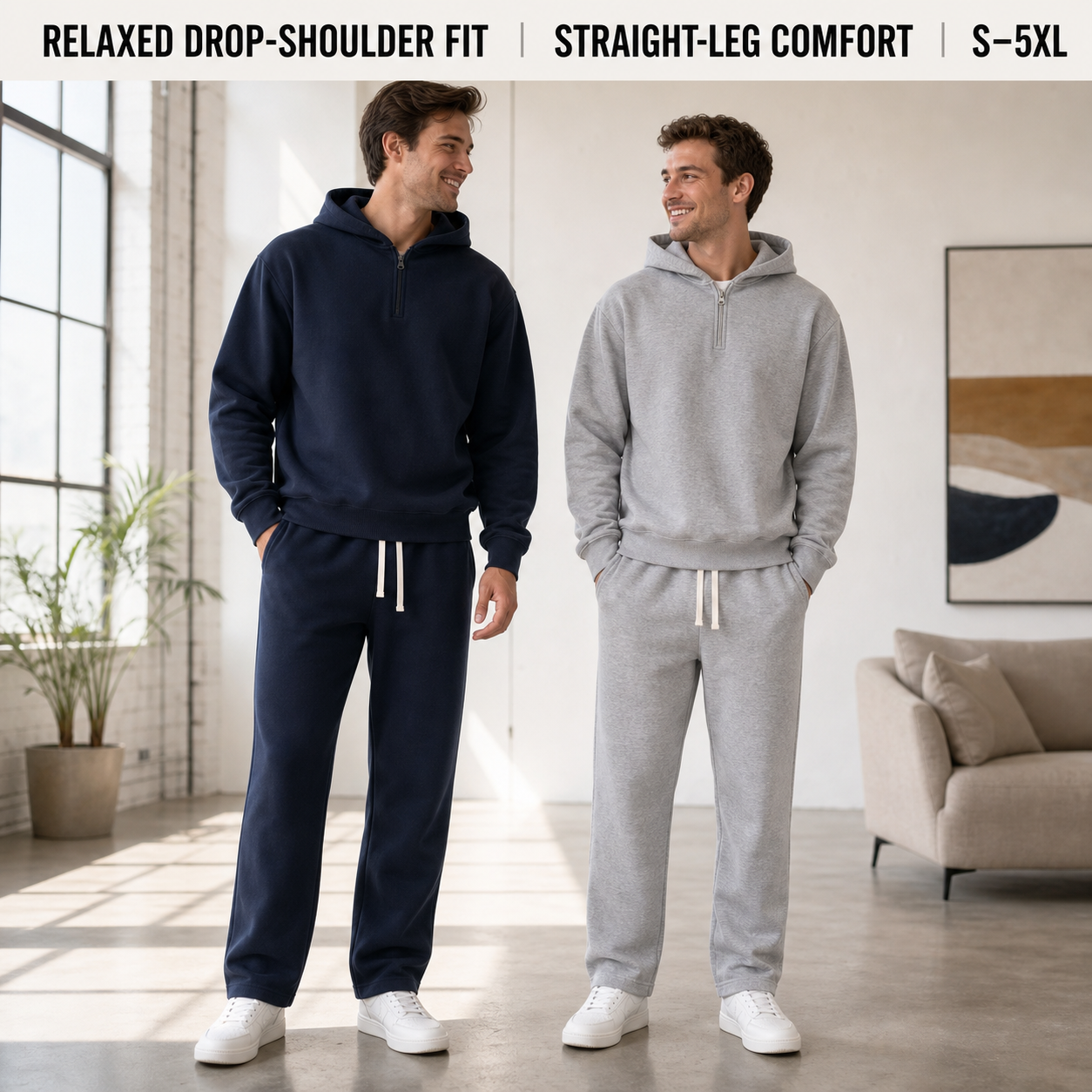 Relaxed drop-shoulder and straight-leg sweatsuit fit