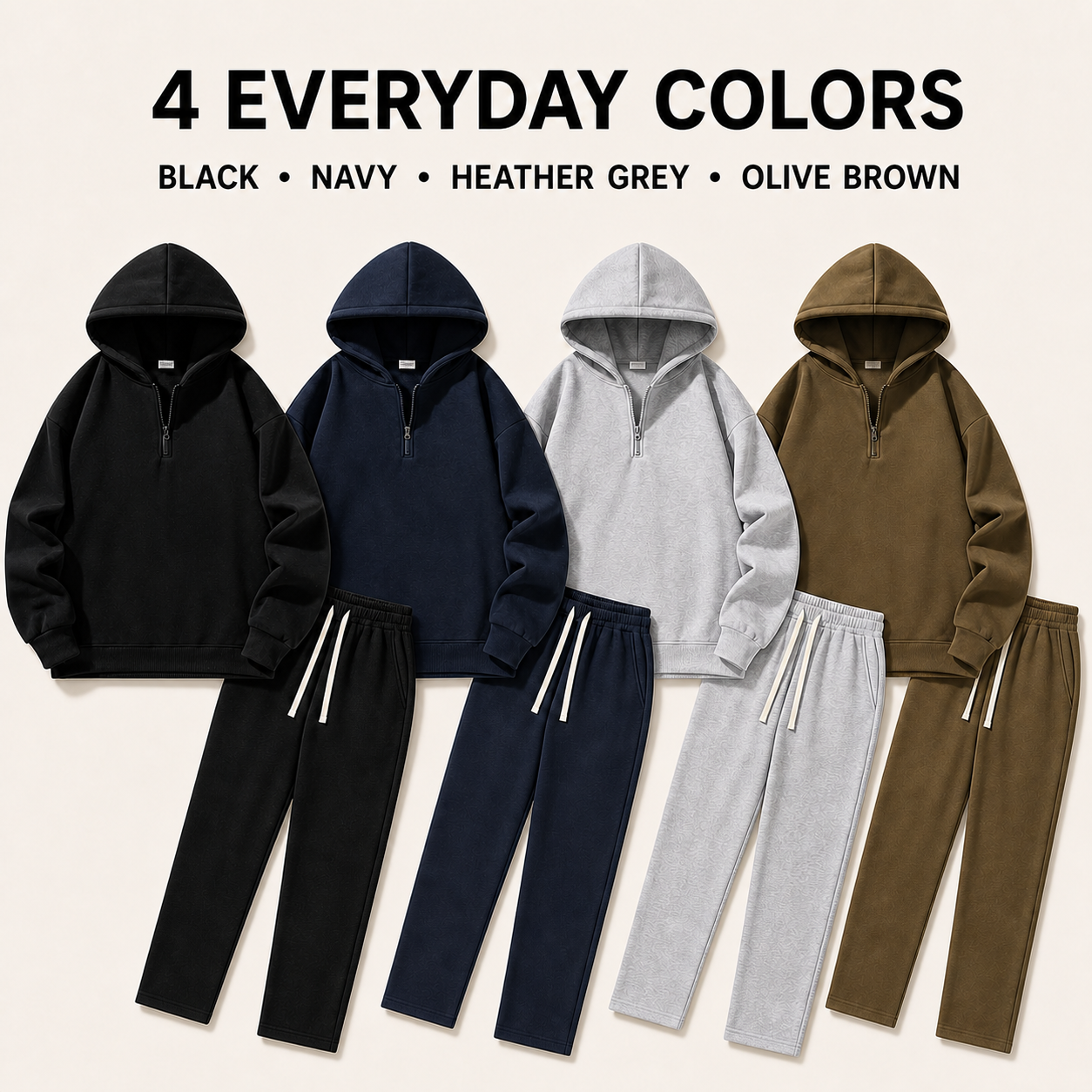 Black, Navy, Heather Grey, and Olive Brown sweatsuit colors