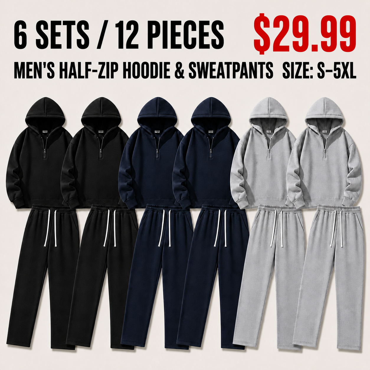 Six sweatsuit sets in Black, Navy, and Heather Grey