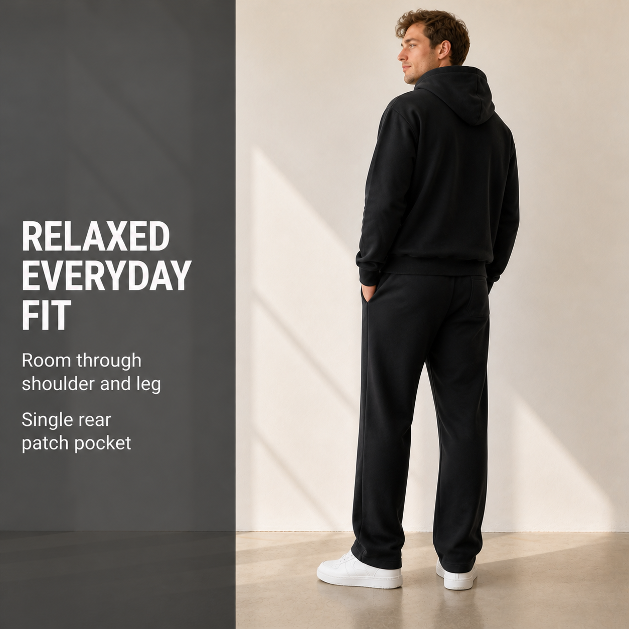 Relaxed drop-shoulder and straight-leg fit with rear patch pocket