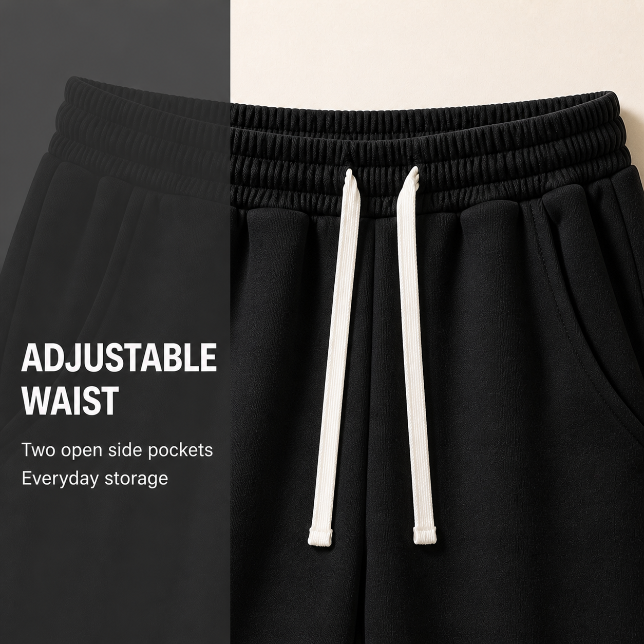 Elastic drawstring waist and two open side pockets