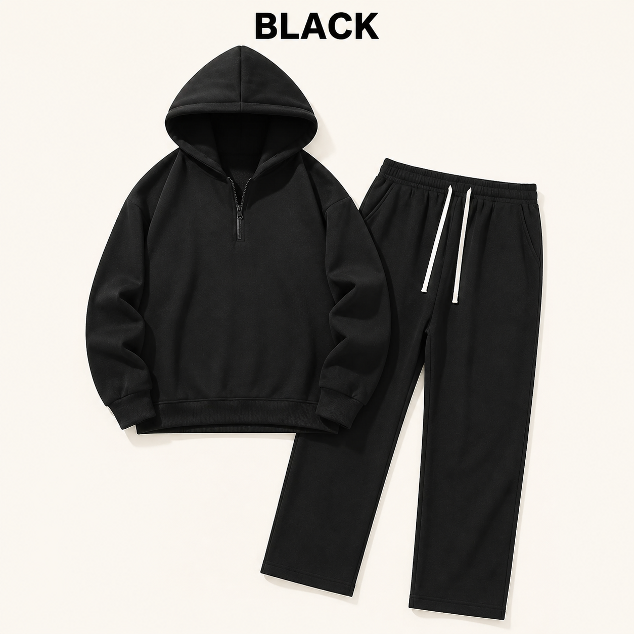 Black half-zip hoodie and straight-leg sweatpants set