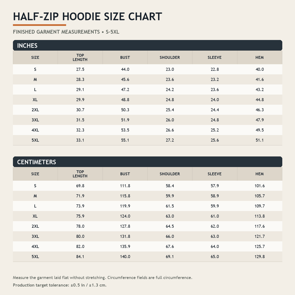 Half-zip hoodie finished garment size chart S to 5XL