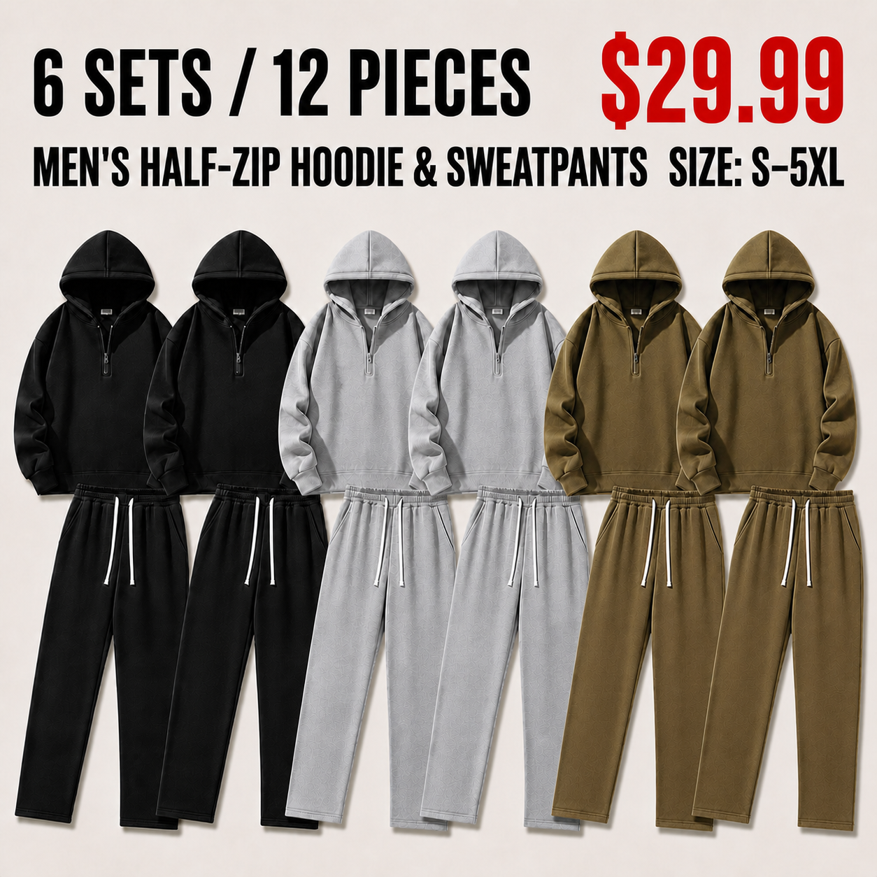 Six sweatsuit sets in Black, Heather Grey, and Olive Brown