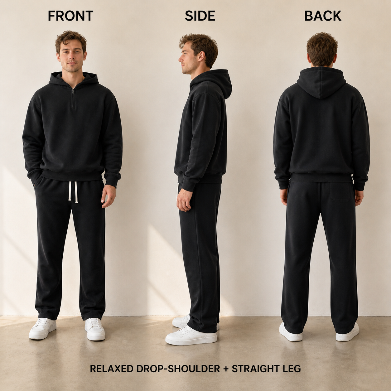 Front, side, and back views of the relaxed sweatsuit fit