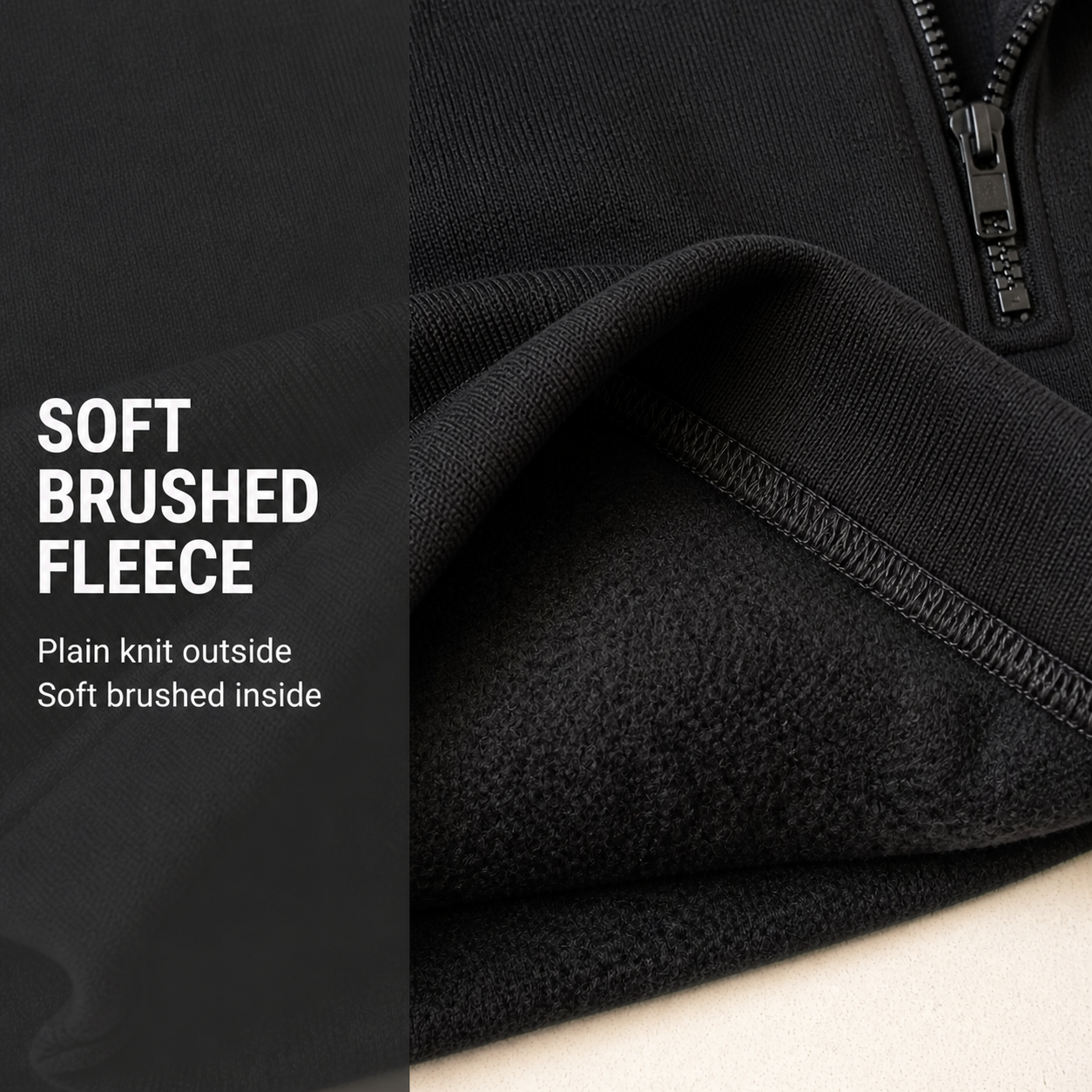 Plain knit outer fabric and soft brushed fleece interior