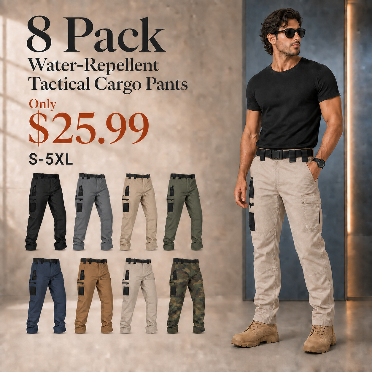 Men's Water-Repellent Multi-Pocket Tactical Cargo Work Pants - 8-Pack or 12-Pack