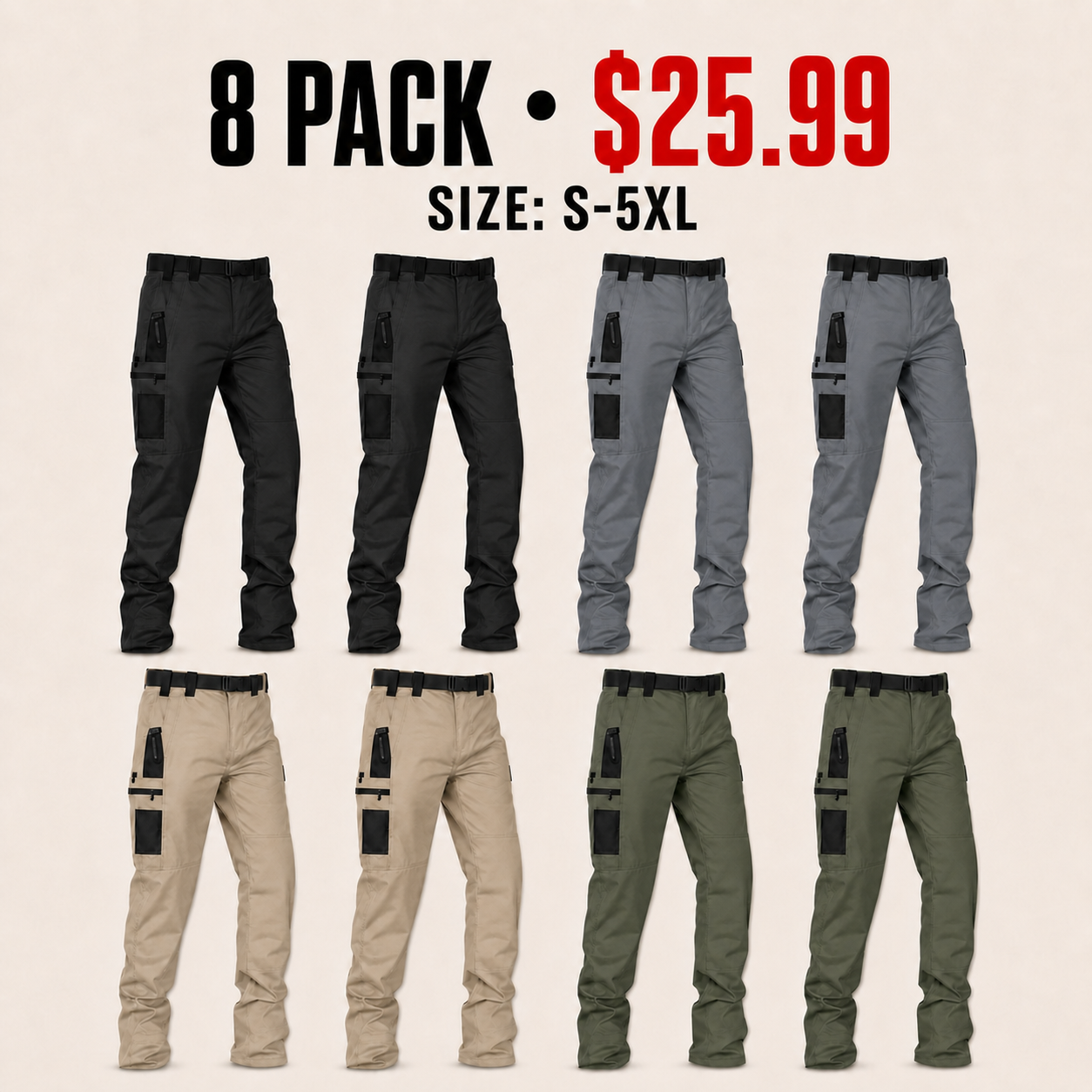 Men's Water-Repellent Multi-Pocket Tactical Cargo Work Pants - 8-Pack or 12-Pack