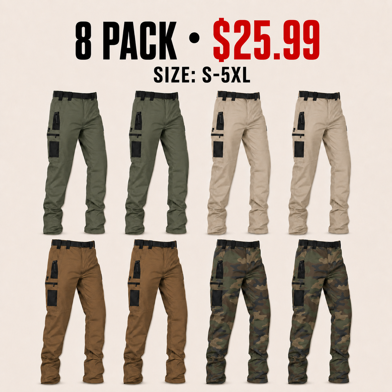 Men's Water-Repellent Multi-Pocket Tactical Cargo Work Pants - 8-Pack or 12-Pack