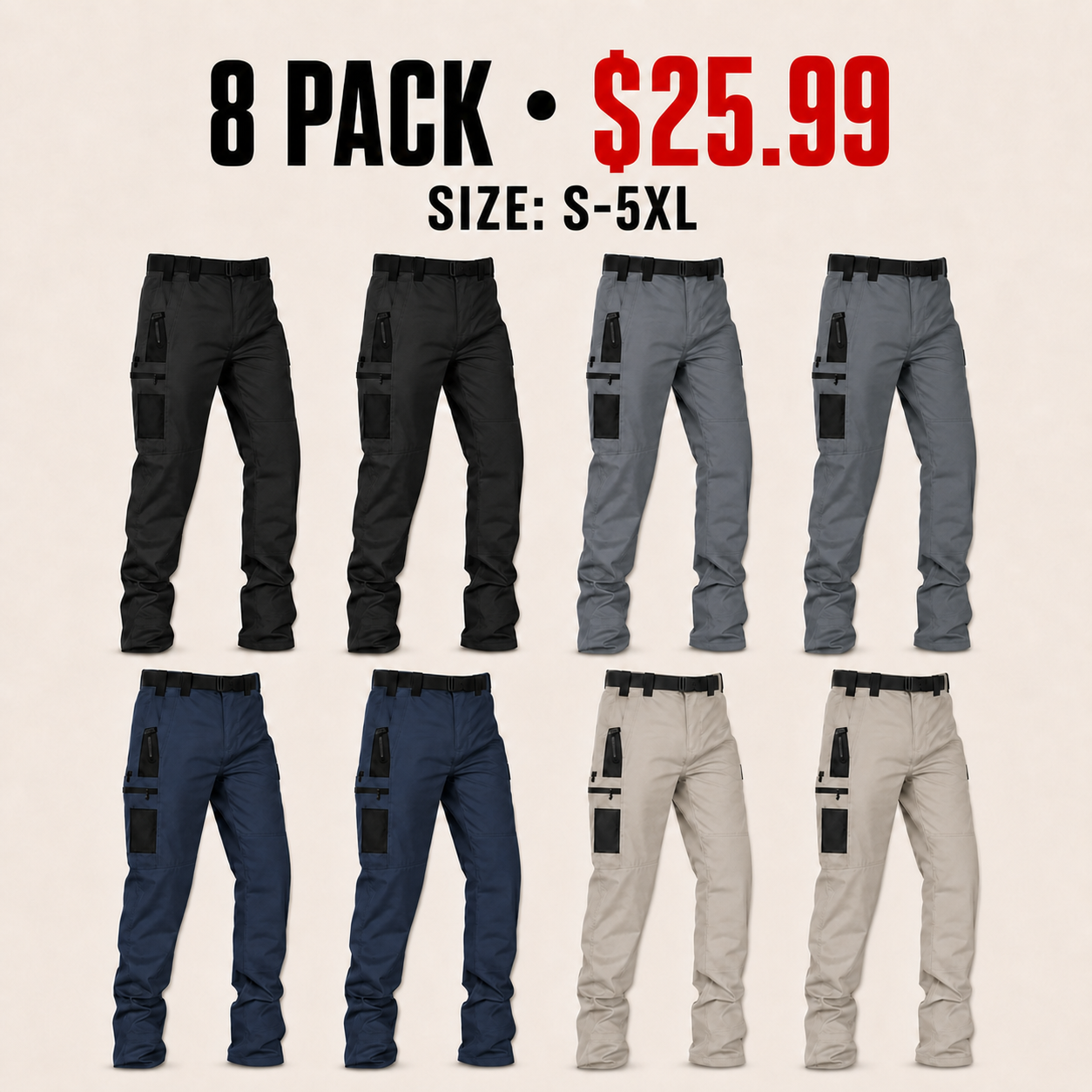 Men's Water-Repellent Multi-Pocket Tactical Cargo Work Pants - 8-Pack or 12-Pack