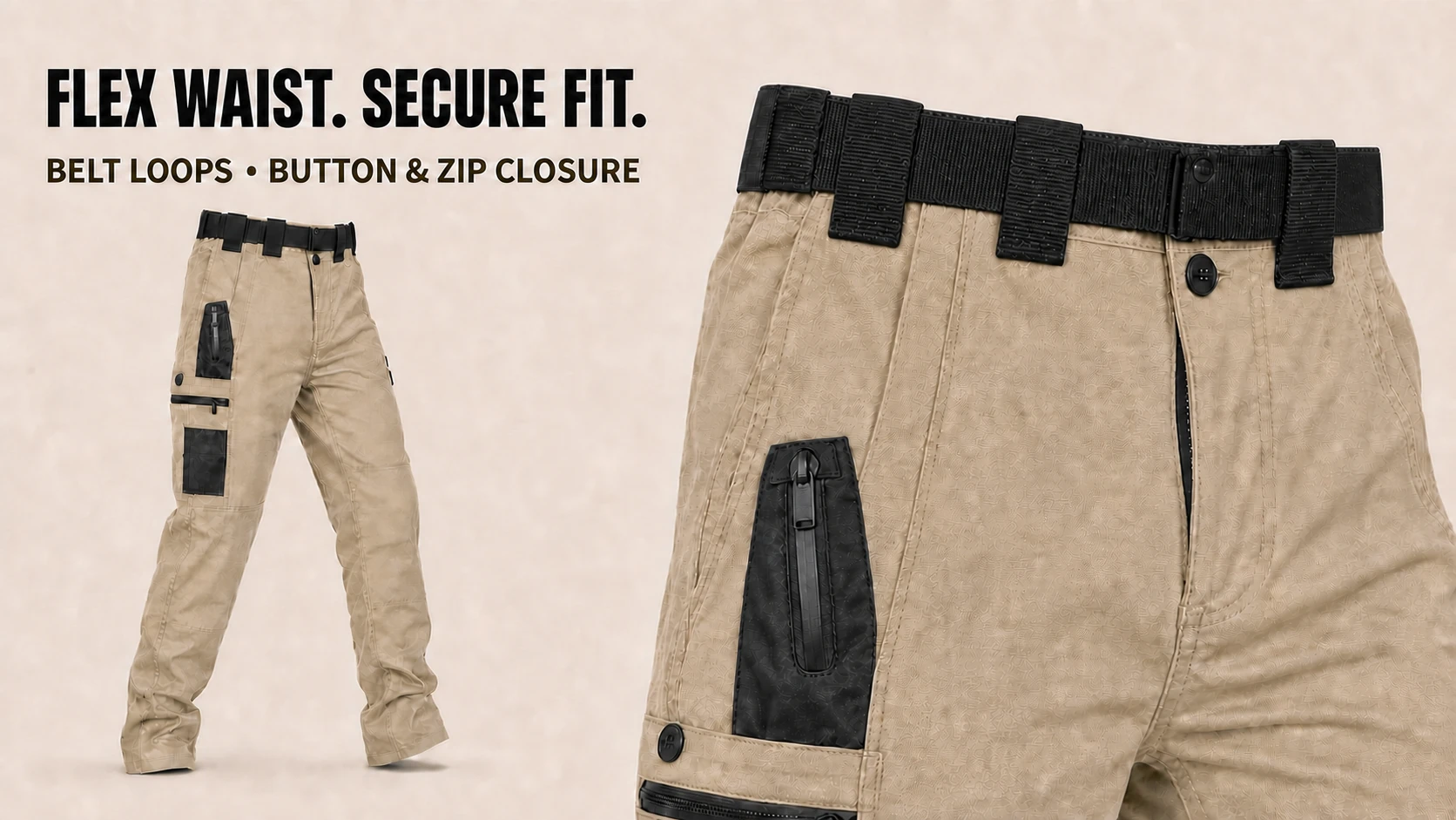 Flexible waist, black belt loops, button and zip closure