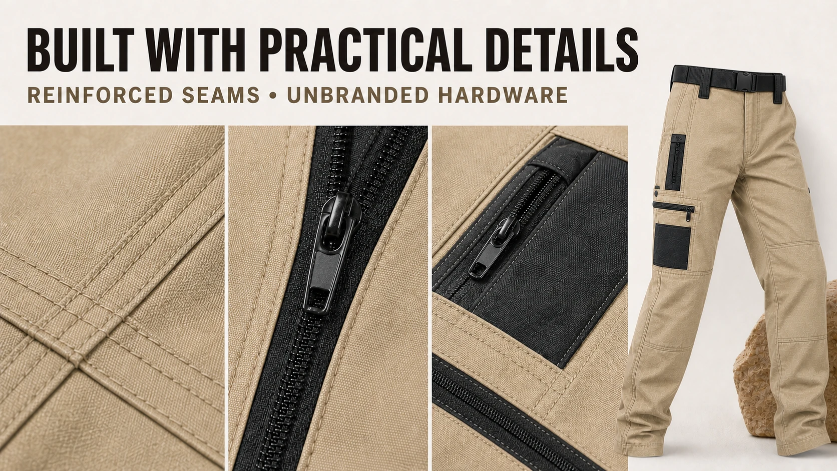 Reinforced seams and unbranded hardware
