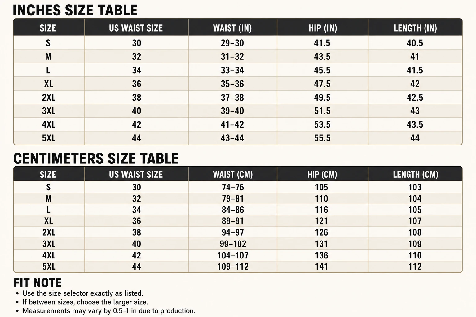 Tactical cargo pants size chart in inches and centimeters, S to 5XL
