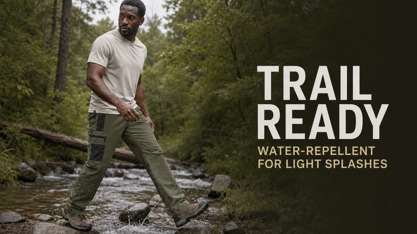 Olive cargo pants on a wet trail