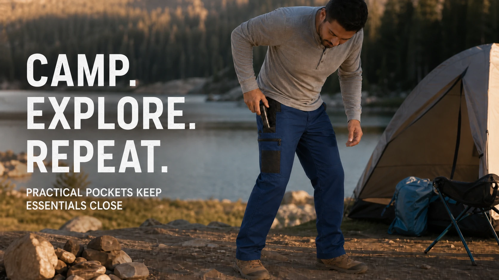 Navy cargo pants at a lakeside campsite