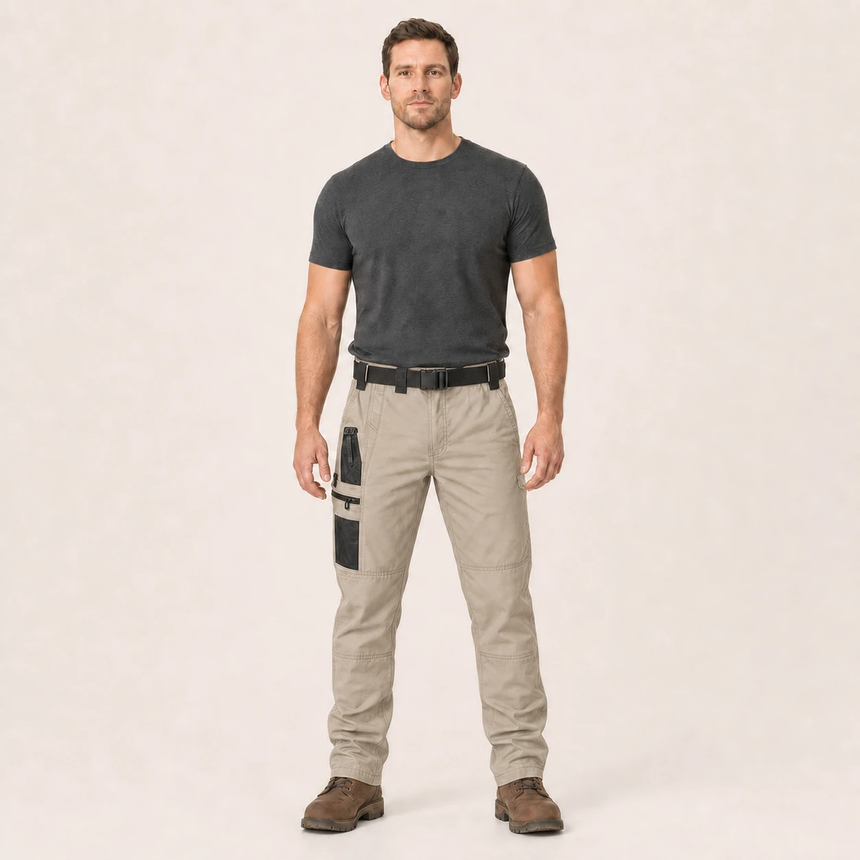 Front view of model wearing khaki tactical cargo pants