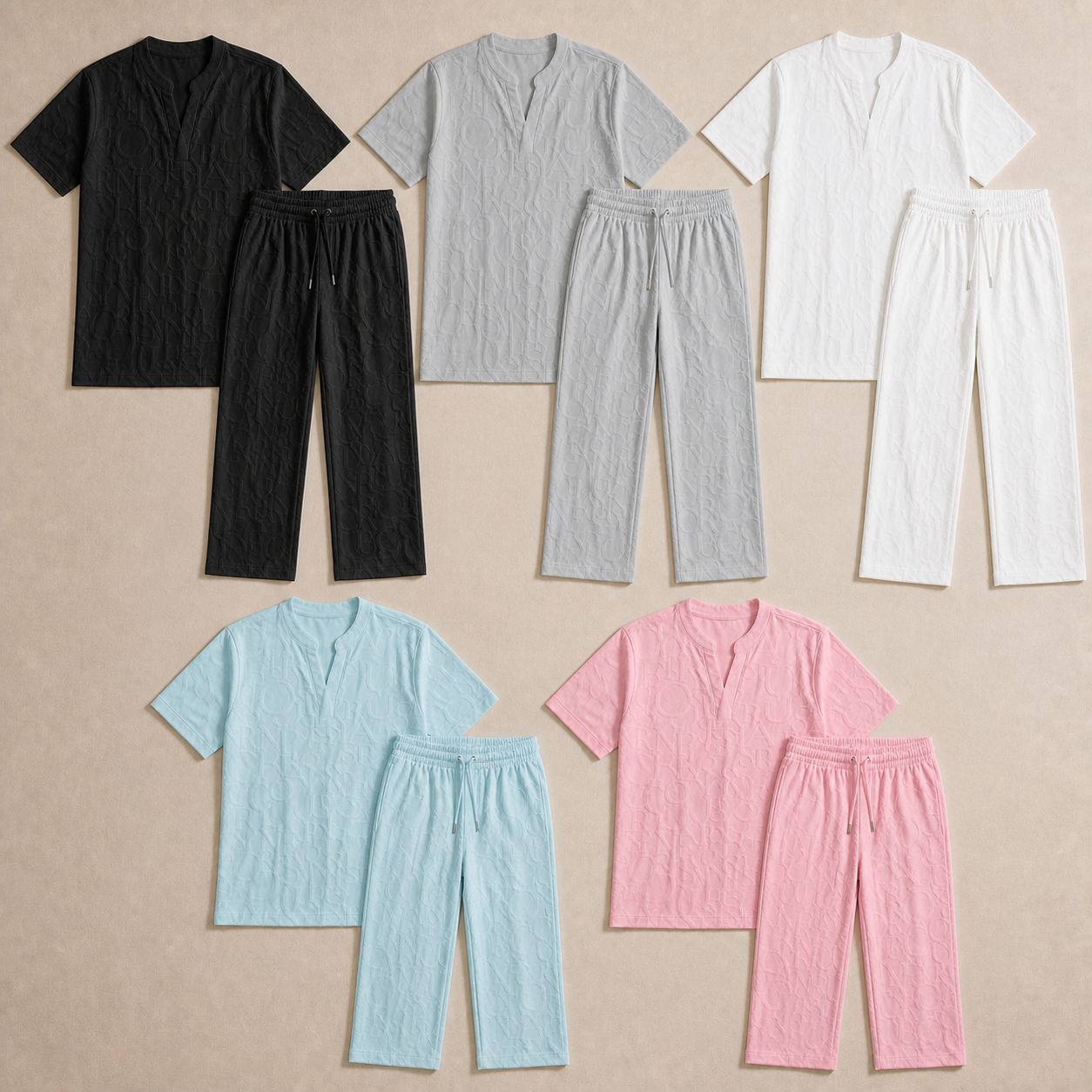 Black, Grey, White, Sky Blue, and Pink textured matching sets