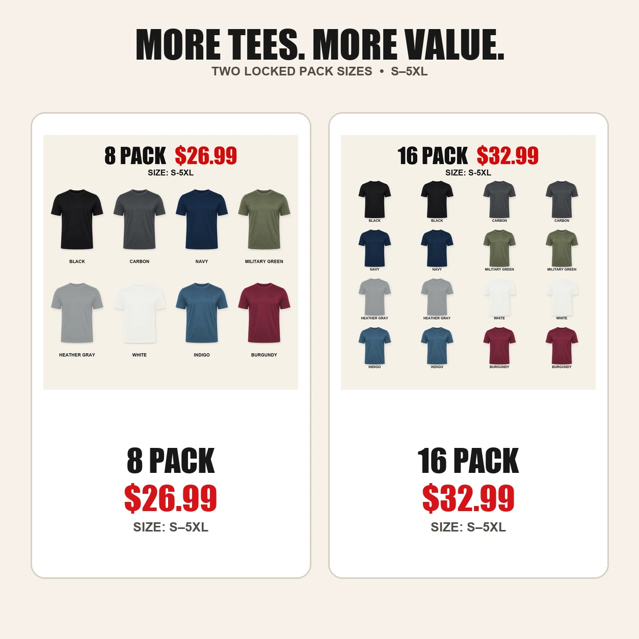 Eight-pack and sixteen-pack T-shirt color mix options