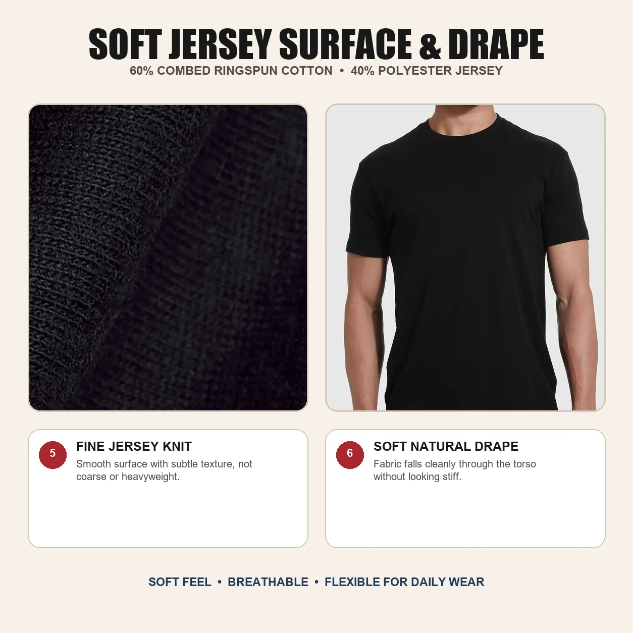 Soft jersey surface texture and natural drape
