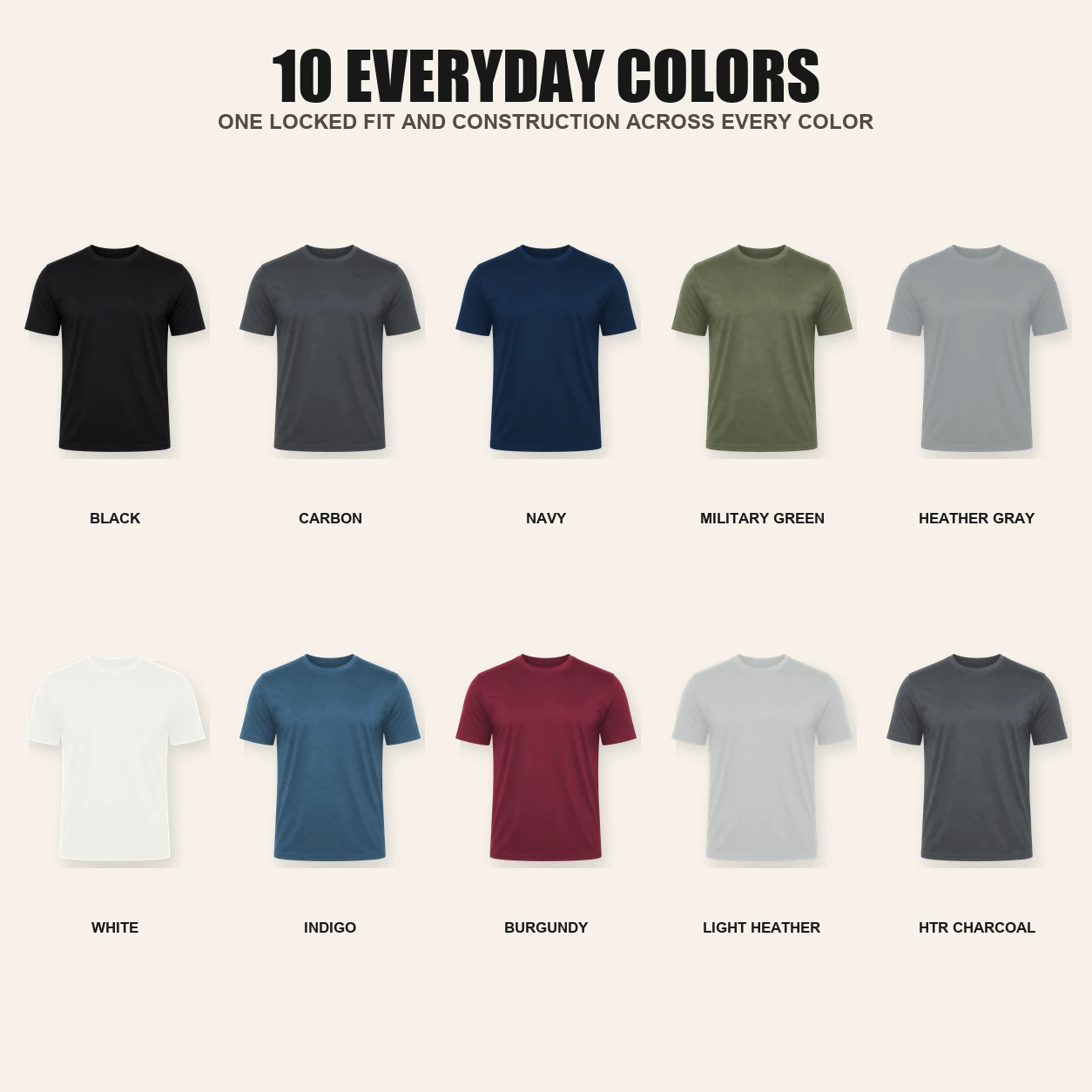 Ten everyday colors of ultra-soft athletic-fit T-shirts