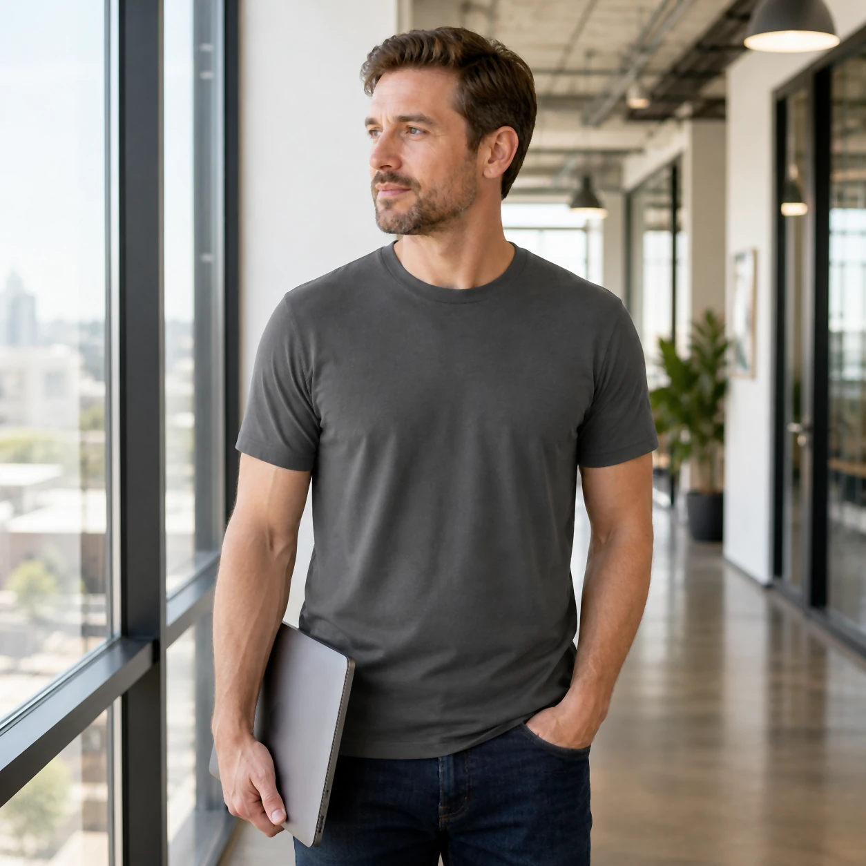 Ultra-soft athletic-fit T-shirt in an everyday commercial setting