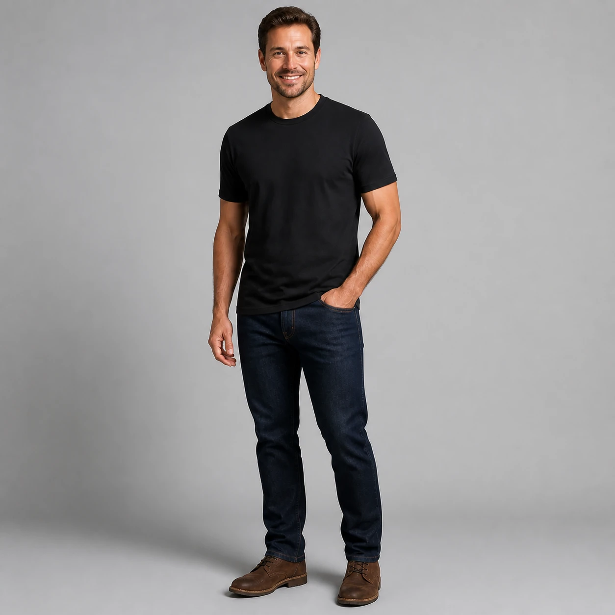 Same male model in an ultra-soft athletic-fit crew neck T-shirt studio cover