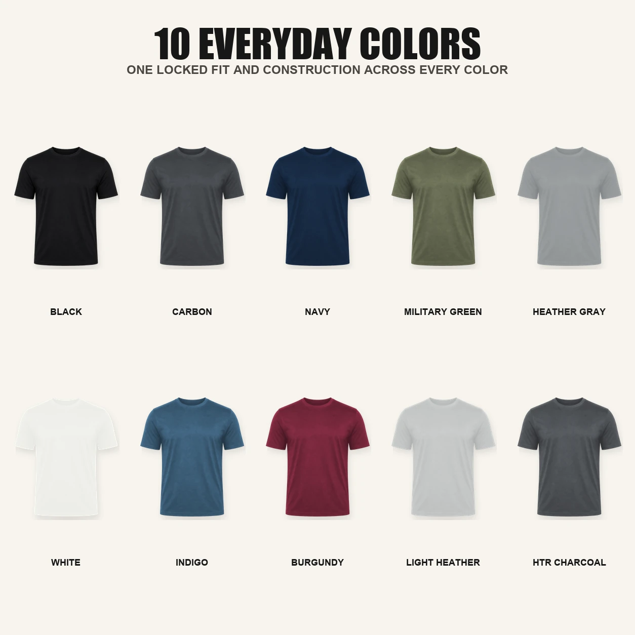 Ten colors of men's ultra-soft athletic-fit crew neck T-shirts