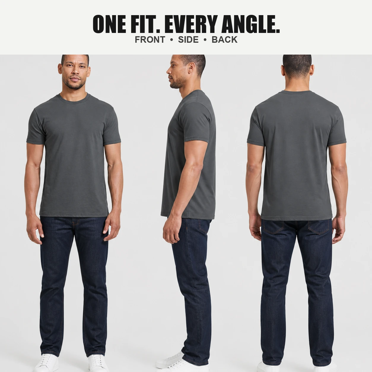 Front side and back views of the charcoal athletic-fit T-shirt