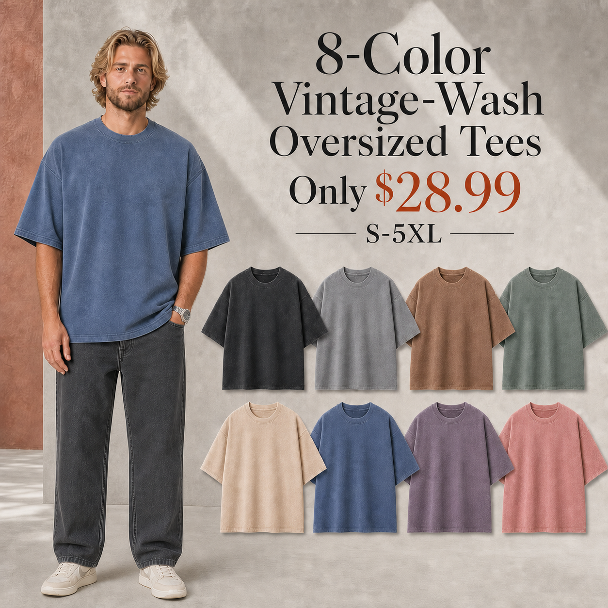 Men's Oversized Vintage-Wash Cotton T-Shirts - 4-Pack, 8-Pack or 12-Pack