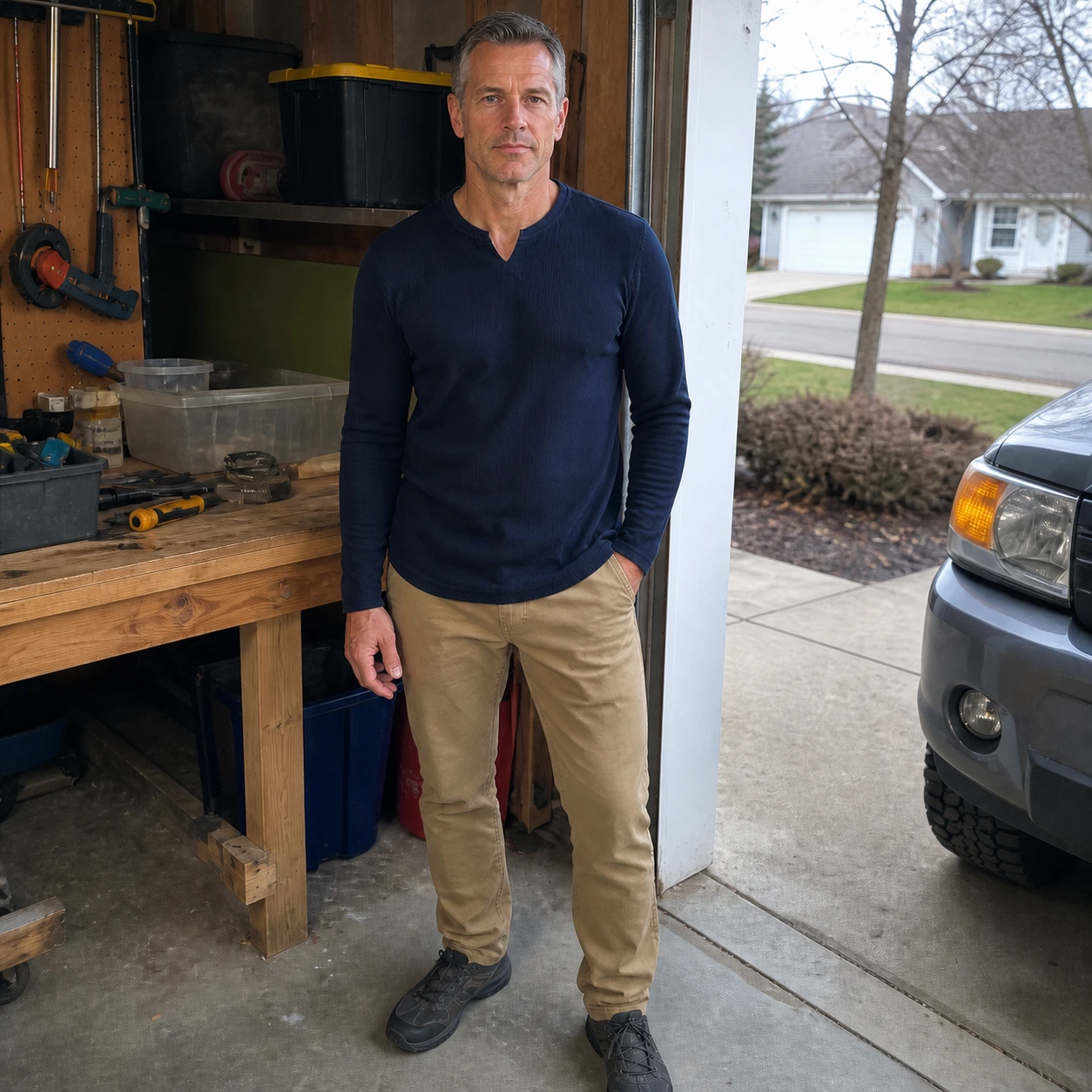 Navy Blue split V-neck shirt in an everyday garage photo